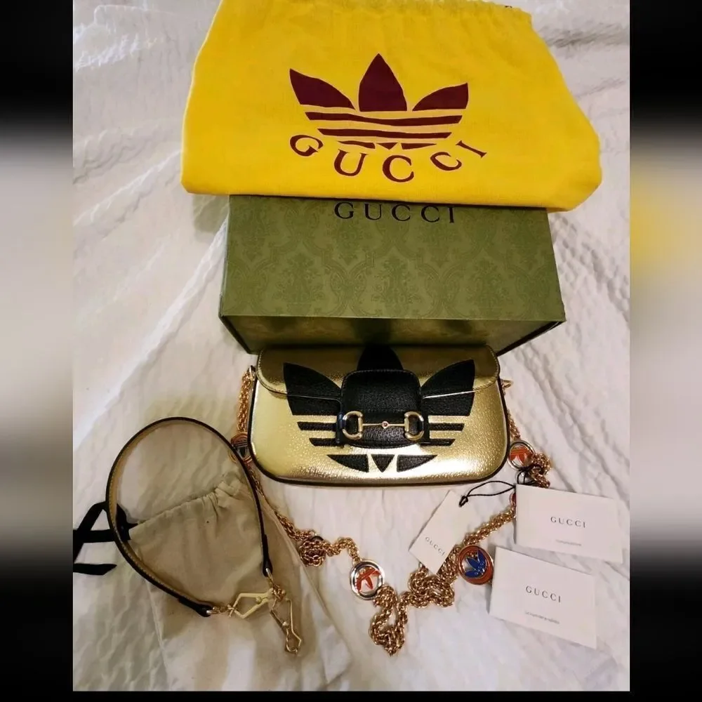 BNIB Ltd.Ed. GUCCI x ADIDAS Gold Metallic Leather Handbag #722009520981 $4250